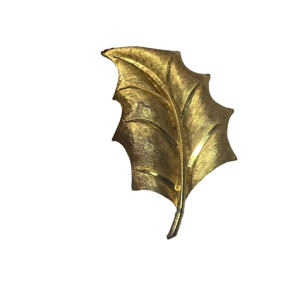 Vintage BSK Brooch Leaf Shiny Brushed Gold Tone Flaw